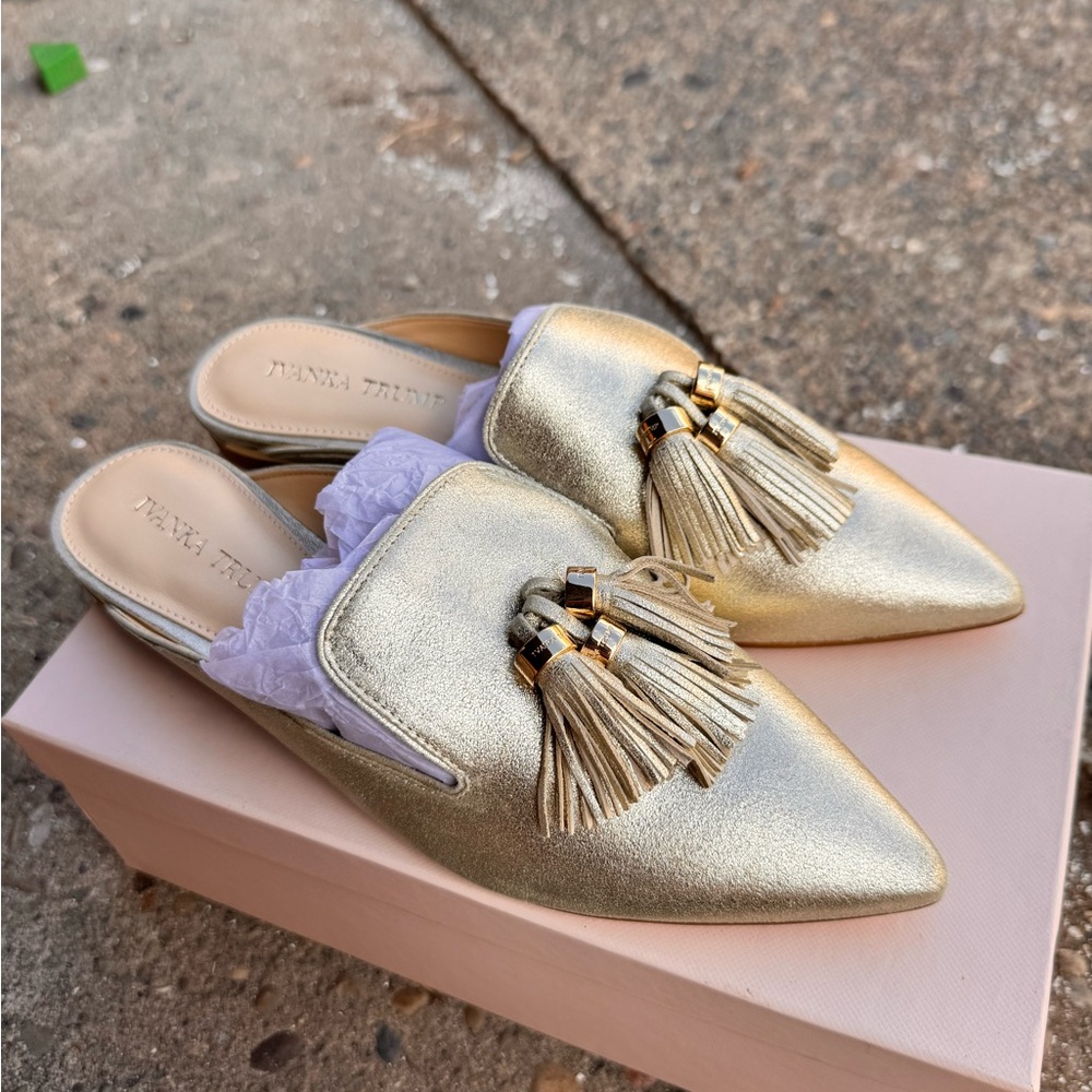 Ivanka Trump Metallic Gold Tassel Pointed-Toe Mules